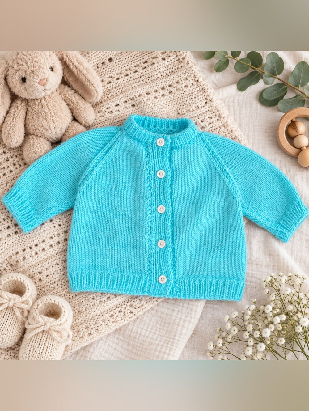 Handmade Baby Cardigan Turquoise Blue Knit Sweater 6ā9M